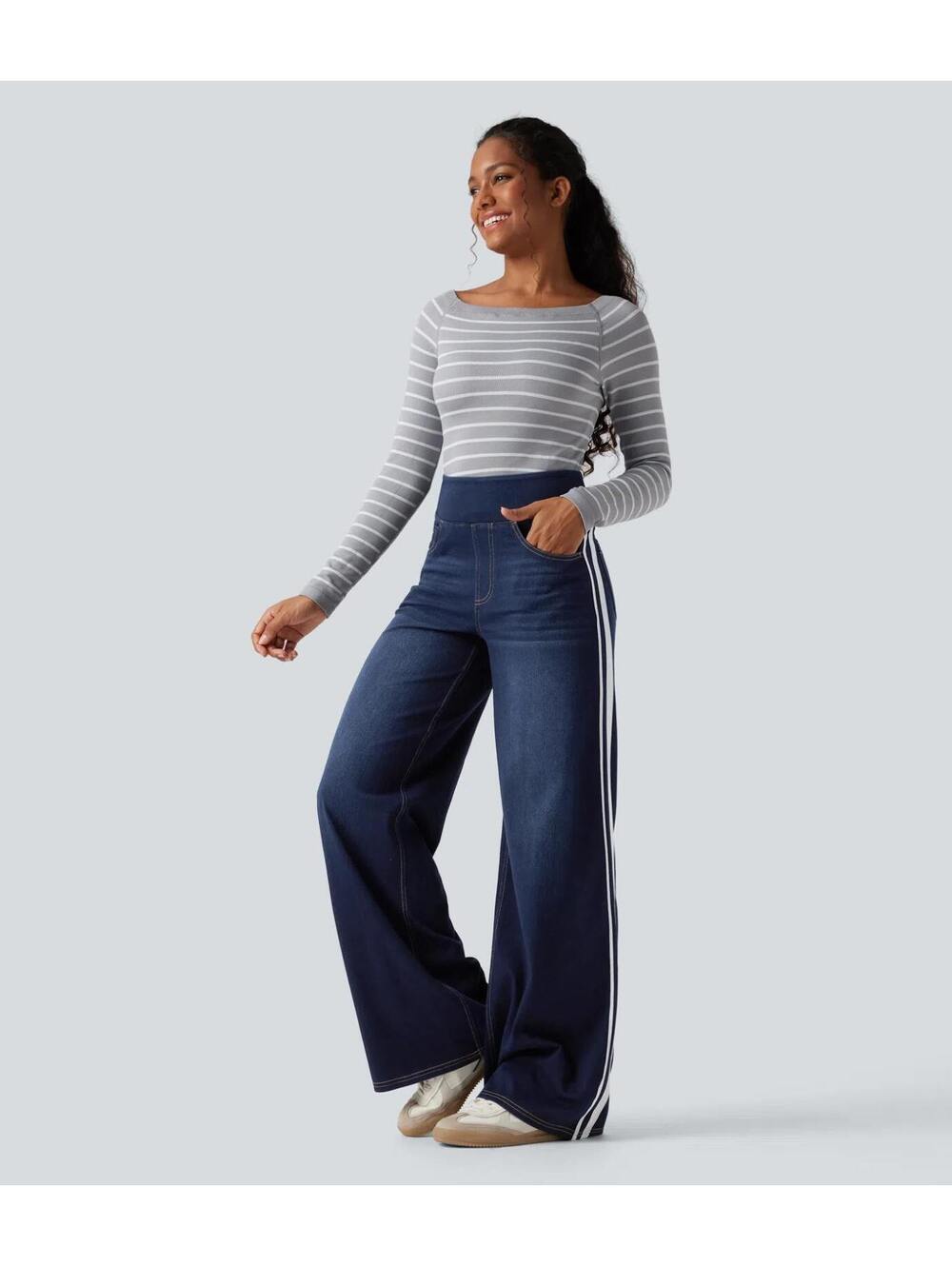 HALARA High Waisted Stripe Wide Leg Washed Jeans with Pockets Size [L Reg]